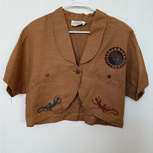 Vintage Rialto Southwestern Linen Cropped Short Sleeve Jacket Brown Large